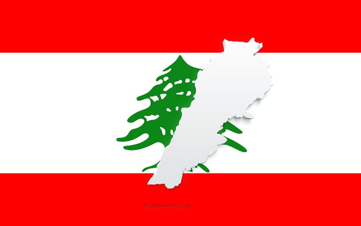 Silhouette de carte du Liban, drapeau du Liban, silhouette sur le drapeau, Liban, silhouette de carte du Liban 3d, carte du Liban 3d