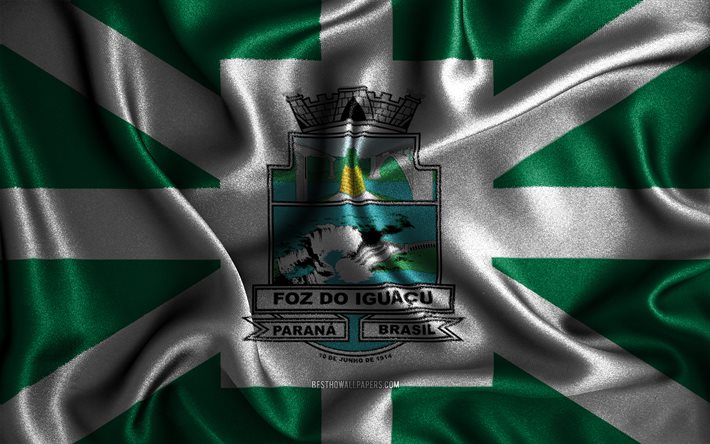 Foz do Iguacu bandiera, 4k, seta bandiere ondulate, citt&#224; brasiliane, Giorno di Foz do Iguacu, Bandiera di Foz do Iguacu, bandiere in tessuto, arte 3D, Foz do Iguacu, citt&#224; del Brasile, Foz do Iguacu 3D bandiera