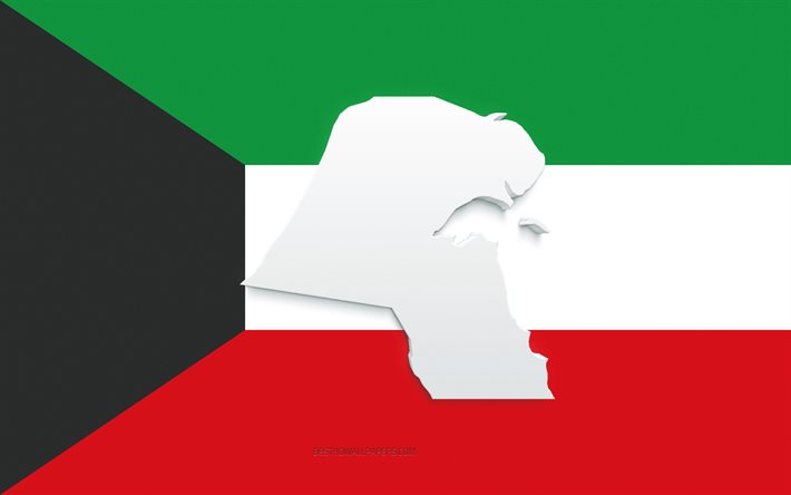クウェートの地図のシルエット, クウェートの国旗, 旗のシルエット, クウェート, 3Dクウェートの地図のシルエット, クウェートの3Dマップ