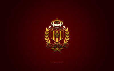 KV Mechelen, squadra di calcio belga, Jupiler Pro League, logo giallo, sfondo rosso in fibra di carbonio, Prima Divisione Belga A, calcio, Mechelen, Belgio, logo KV Mechelen