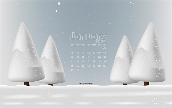 2022 januarikalender, 4k, vinterlandskap, vinter, sn&#246;, 2022 kalendrar, januari, januari 2022 kalender