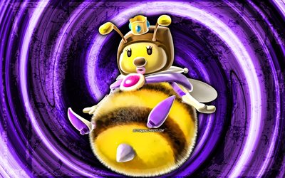 4k, Honey Queen, violet grunge background, vortex, Super Mario, cartoon bee, Super Mario characters, Super Mario Bros, Honey Queen Super Mario