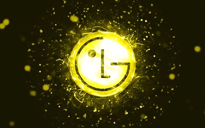 LG yellow logo, 4k, yellow neon lights, creative, yellow abstract background, LG logo, brands, LG