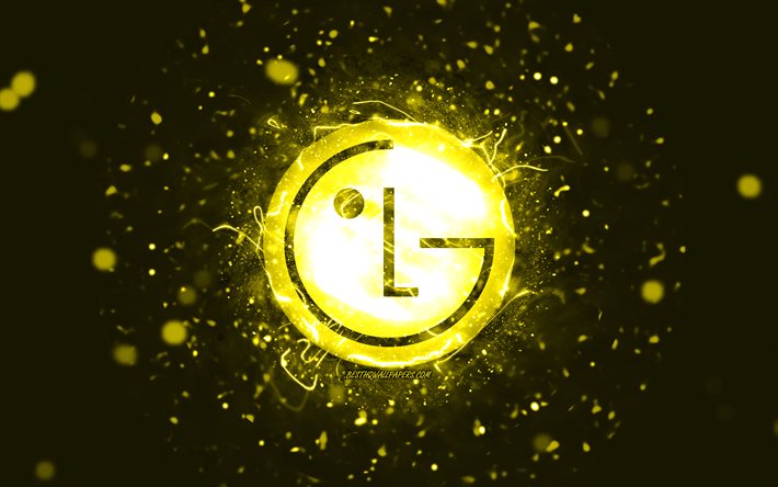 Logotipo amarelo LG, 4k, luzes de n&#233;on amarelas, criativo, fundo abstrato amarelo, logotipo LG, marcas, LG