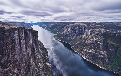 Kiragg, beautiful nature, mountains, fjord, cloudy weather, Kjerag, Rogaland county, Norway, HDR, Europe