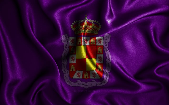 Bandeira de Jaen, 4k, bandeiras onduladas de seda, cidades espanholas, Dia de Jaen, bandeiras de tecido, arte 3D, Jaen, cidades da Espanha, Bandeira 3D de Jaen