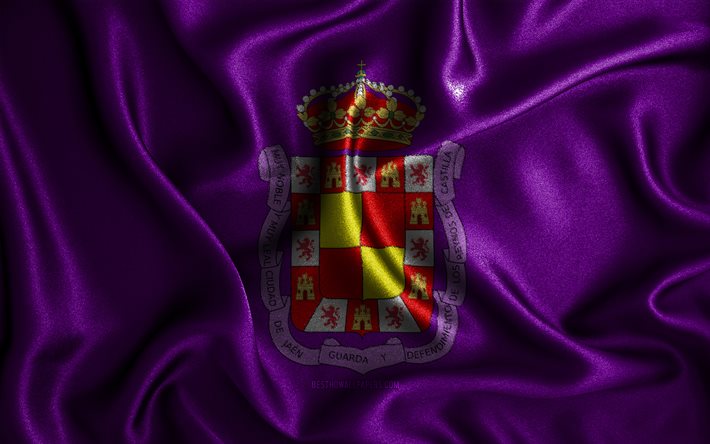 Jaen-flagga, 4k, v&#229;giga sidenflaggor, spanska st&#228;der, Jaens dag, Jaens flagga, tygflaggor, 3D-konst, Jaen, Spaniens st&#228;der, Jaen 3D-flagga