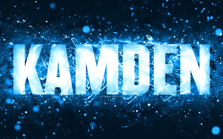 お誕生日おめでとうカムデン, 4k, 青いネオンライト, カムデン名, creative クリエイティブ, カムデンお誕生日おめでとう, カムデン誕生日, 人気のあるアメリカ人男性の名前, カムデンの名前の写真, カムデン