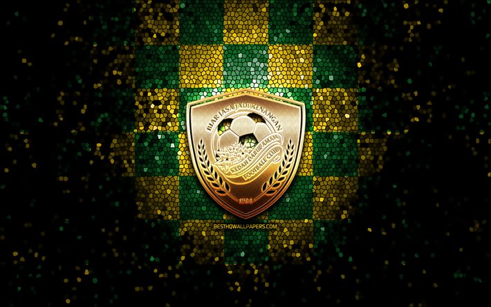 Kedah Darul Aman FC, parıltılı logo, Malezya S&#252;per Ligi, yeşil, sarı, mavi damalı arka plan, futbol, Malezya Futbol Kul&#252;b&#252;, Kedah FC logo, mozaik sanatı, Kedah FC