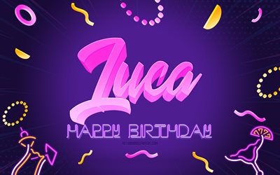 誕生日おめでとう, 4k, 紫のパーティーの背景, ルカ, クリエイティブアート, ルカお誕生日おめでとう, ローレンの名前, ルカの誕生日, 誕生日パーティーの背景