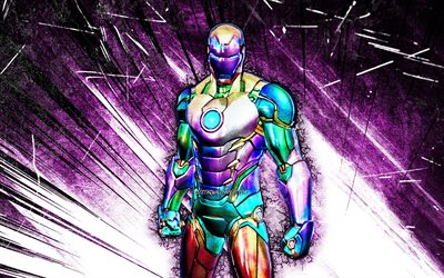 4k, Holo Foil Iron Man, arte grunge, Fortnite Battle Royale, Personagens Fortnite, Holo Foil Iron Man Skin, raios abstratos violetas, Fortnite, Holo Foil Iron Man Fortnite