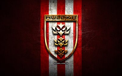 hull kingston rovers, goldenes logo, sle, roter metallhintergrund, englischer rugby-club, hull kingston rovers-logo, rugby