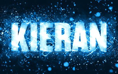Buon Compleanno Kieran, 4k, luci al neon blu, nome Kieran, creativo, Kieran Buon Compleanno, Compleanno Kieran, nomi maschili americani popolari, foto con nome Kieran, Kieran