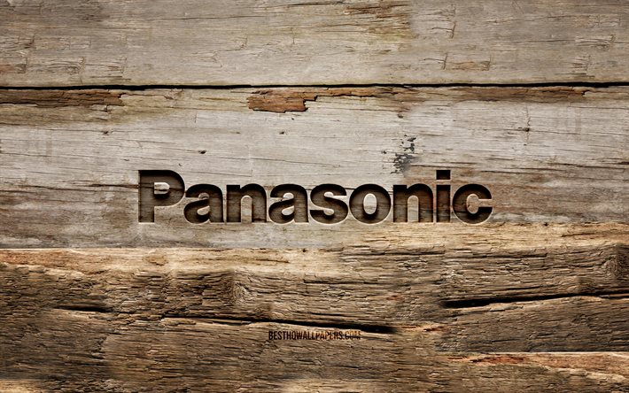 Panasonic wooden logo, 4K, wooden backgrounds, brands, Panasonic logo, creative, wood carving, Panasonic