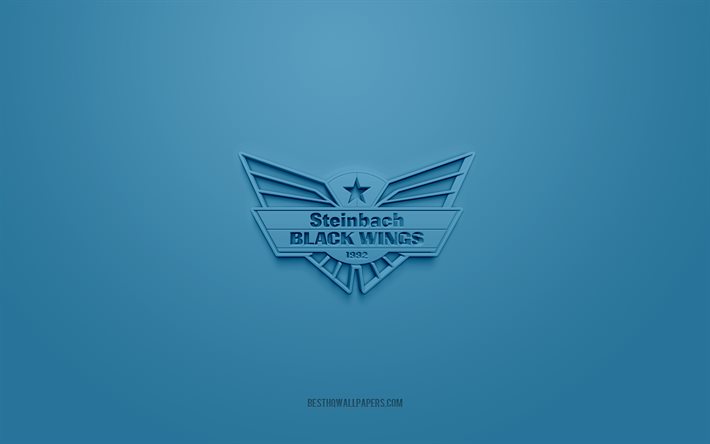 Steinbach Black Wings 1992, logo 3D creativo, sfondo blu, Elite Ice Hockey League, Austrian Hockey Club, Linz, Austria, Hockey, Steinbach Black Wings 1992 logo 3d