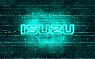 Isuzu turchese logo, 4k, turchese brickwall, Isuzu logo, marche di automobili, Isuzu neon logo, Isuzu