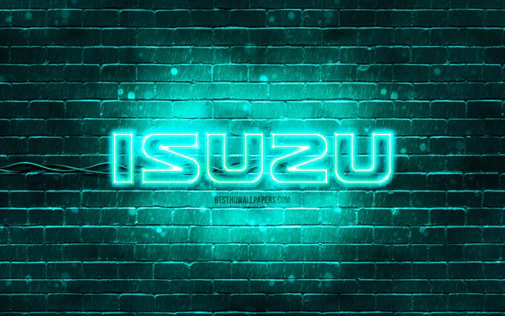 Isuzu turquoise logo, 4k, turquoise brickwall, Isuzu logo, cars brands, Isuzu neon logo, Isuzu
