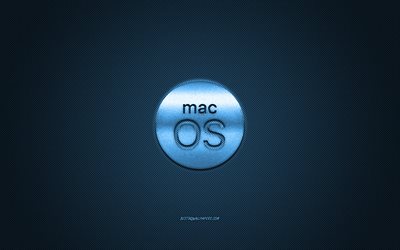 MacOS logo, blue shiny logo, MacOS metal emblem, blue carbon fiber texture, MacOS, brands, creative art