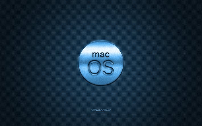Logo MacOS, logo blu lucido, emblema in metallo MacOS, trama in fibra di carbonio blu, MacOS, marchi, arte creativa