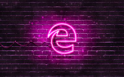 Microsoft Edge purple logo, 4k, purple brickwall, Microsoft Edge logo, brands, Microsoft Edge neon logo, Microsoft Edge