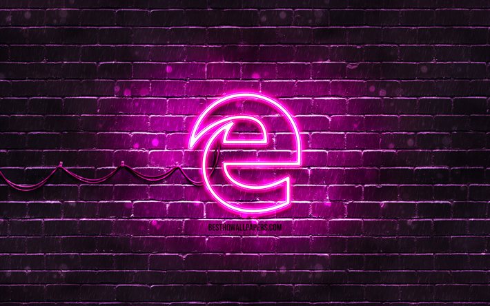 microsoft edge lila logo, 4k, lila brickwall, microsoft edge logo, marken, microsoft edge neon logo, microsoft edge