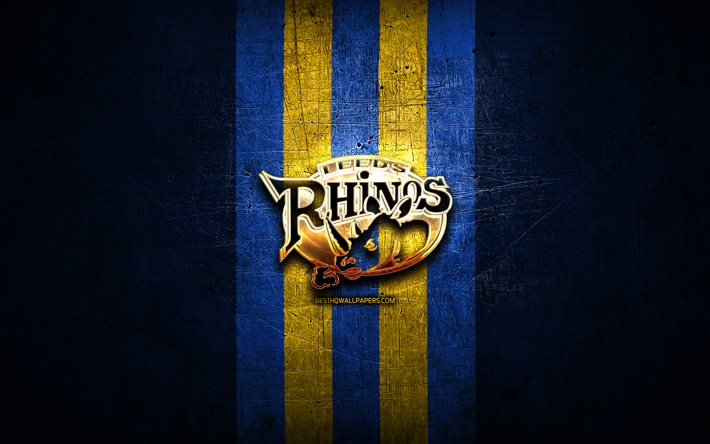 Leeds Rhinos, golden logo, SLE, blue metal background, english rugby club, Leeds Rhinos logo, rugby