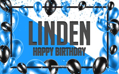 お誕生日おめでとうリンデン, 誕生日バルーンの背景, シナノキ, 名前の壁紙, リンデンお誕生日おめでとう, 青い風船の誕生日の背景, リンデンの誕生日