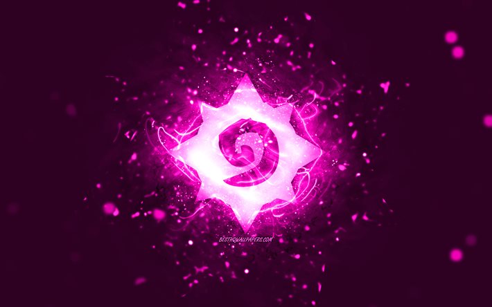 Hearthstone violetti logo, 4k, purppura neon valot, luova, violetti abstrakti tausta, Hearthstone logo, online-pelit, Hearthstone