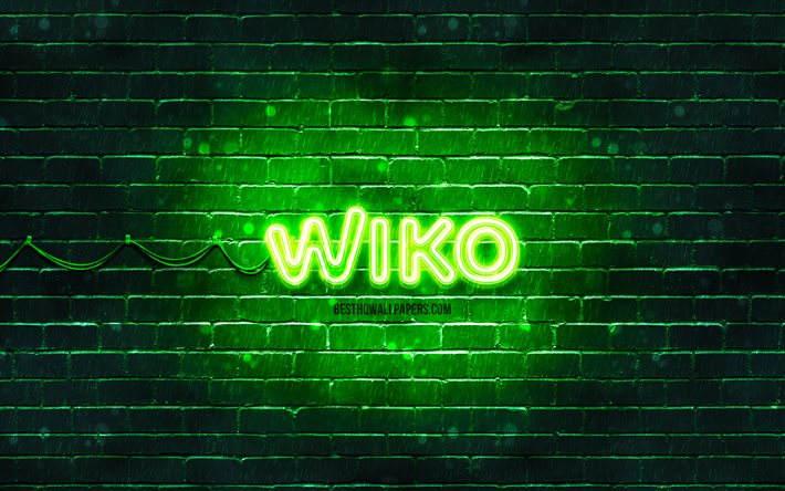 Logo vert Wiko, 4k, mur de briques vert, logo Wiko, marques, logo n&#233;on Wiko, Wiko