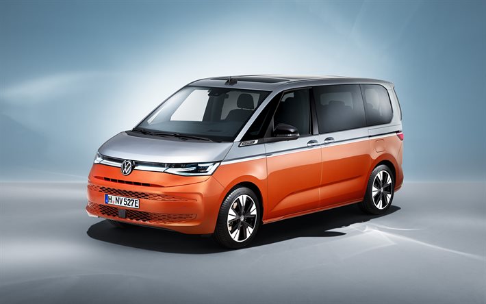 2021, Volkswagen Multivan T7, 4k, front view, exterior, new orange-white Multivan, new Multivan T7, minivan, Volkswagen