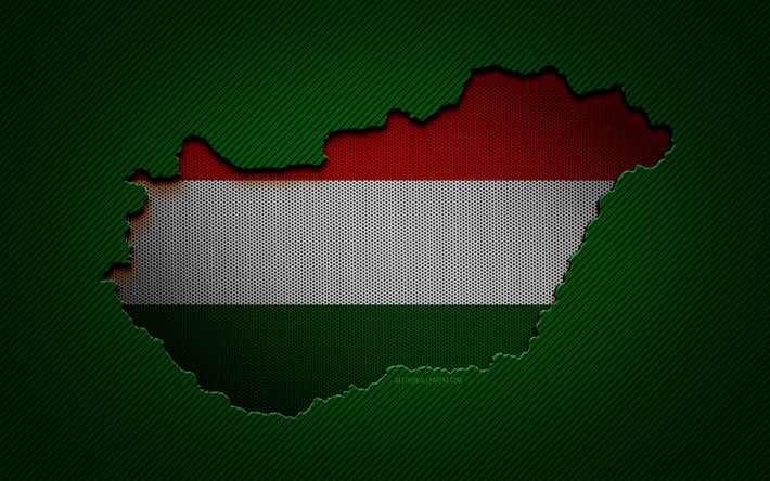 ハンガリーの地図, 4k, ヨーロッパ諸国, ハンガリーの旗, グリーンカーボンの背景, ハンガリーの地図のシルエット, ヨーロッパ, ハンガリー