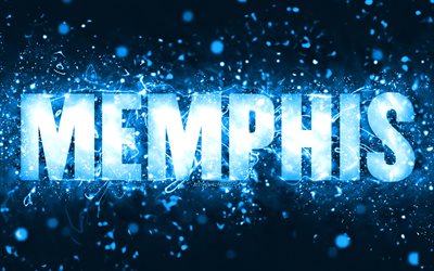 Grattis p&#229; f&#246;delsedagen Memphis, 4k, bl&#229; neonljus, Memphis namn, kreativ, Memphis Grattis p&#229; f&#246;delsedagen, Memphis Birthday, popul&#228;ra amerikanska mansnamn, bild med Memphis namn, Memphis