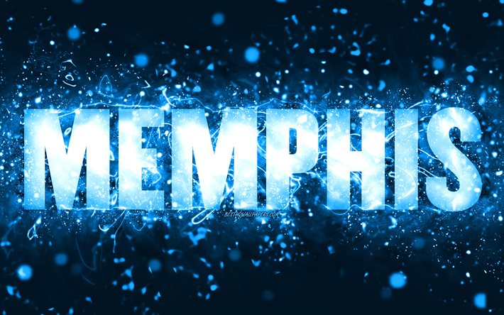 Joyeux anniversaire Memphis, 4k, n&#233;ons bleus, nom de Memphis, cr&#233;atif, joyeux anniversaire de Memphis, anniversaire de Memphis, noms masculins am&#233;ricains populaires, photo avec le nom de Memphis, Memphis