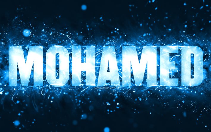Feliz anivers&#225;rio, Mohamed, 4k, luzes de n&#233;on azuis, nome de Mohamed, criativo, Feliz anivers&#225;rio de Mohamed, Anivers&#225;rio de Mohamed, nomes masculinos americanos populares, foto com o nome de Mohamed