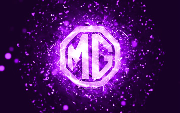 Logotipo de MG violeta, 4k, luces de ne&#243;n violetas, creativo, fondo abstracto violeta, logotipo de MG, marcas de coches, MG