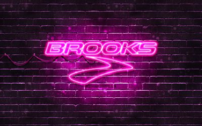 Brooks Sports logo viola, 4k, muro di mattoni viola, logo Brooks Sports, marchi, logo Brooks Sports al neon, Brooks Sports