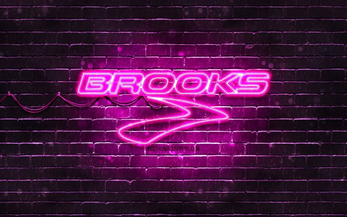Brooks Sports mor logo, 4k, mor brickwall, Brooks Sports logo, markalar, Brooks Sports neon logo, Brooks Sports