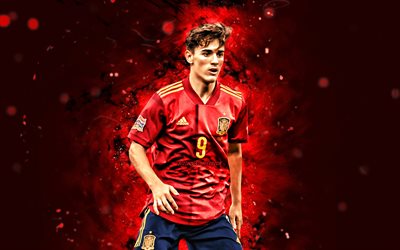 Gavi, 4k, 2021, Spain National Team, soccer, footballers, Pablo Martin Paez Gavira, red neon lights, Spanish football team, Gavi 4K