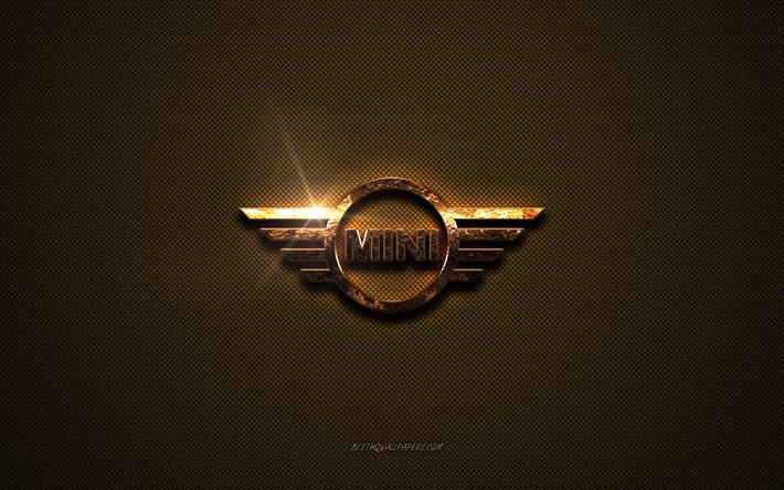 Mini logo dourado, arte, fundo de metal marrom, Mini emblema, criativo, Mini logo, marcas, Mini