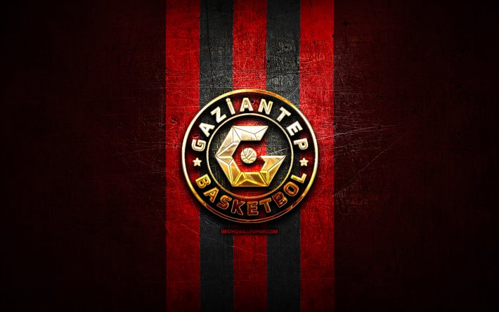 Gaziantep Basketbol, logotipo dourado, Basketbol Super Ligi, fundo de metal vermelho, time de basquete turco, logotipo Gaziantep Basketbol, basquete