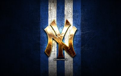New York Yankees emblem, MLB, golden emblem, blue metal background, american baseball team, NY Yankees, Major League Baseball, baseball, New York Yankees