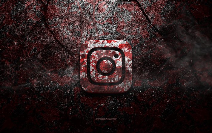 Instagramのロゴ, グランジアート, Instagramの石のロゴ, 赤い石の質感, Instagram, グランジ石のテクスチャ, Instagramのエンブレム, Instagramの3Dロゴ