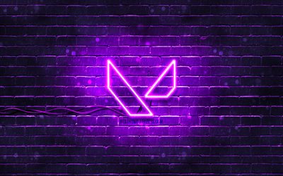 Valorant violet logo, 4k, violet brickwall, Valorant logo, games brands, Valorant neon logo, Valorant