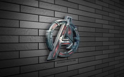 Avengers 3D logo, 4K, gray brickwall, creative, superheroes, Avengers logo, 3D art, Avengers