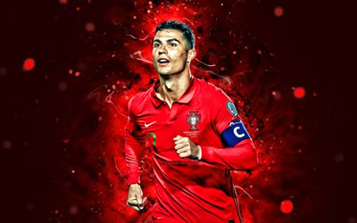 Cristiano Ronaldo, 2021, Selección Nacional de Portugal, estrellas del fútbol, 4k, futbolistas, fútbol, luces de neón rojas, equipo de fútbol portugués, CR7, Cristiano Ronaldo 4K