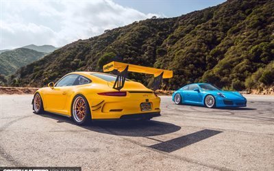 Porsche 991 GT3, tuning, sport car, blue Porsche, yellow Porsche