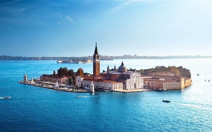 San Giorgio Maggiore, 4k, saari, kirkko, meri, Venetsia
