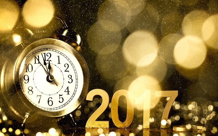 Happy New Year 2017, bokeh, clock, christmas decorations, New Year