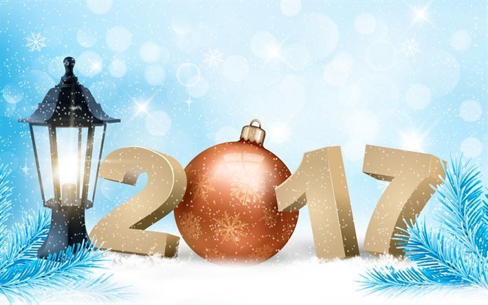 謹んで新年の2017年, 灯り, 冬, 雪, クリスマス, 新年