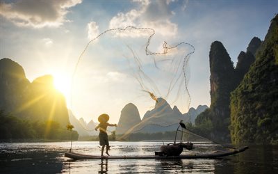 pesca, manh&#227;, mar, pescador, rede, Guangxi, montanhas, China